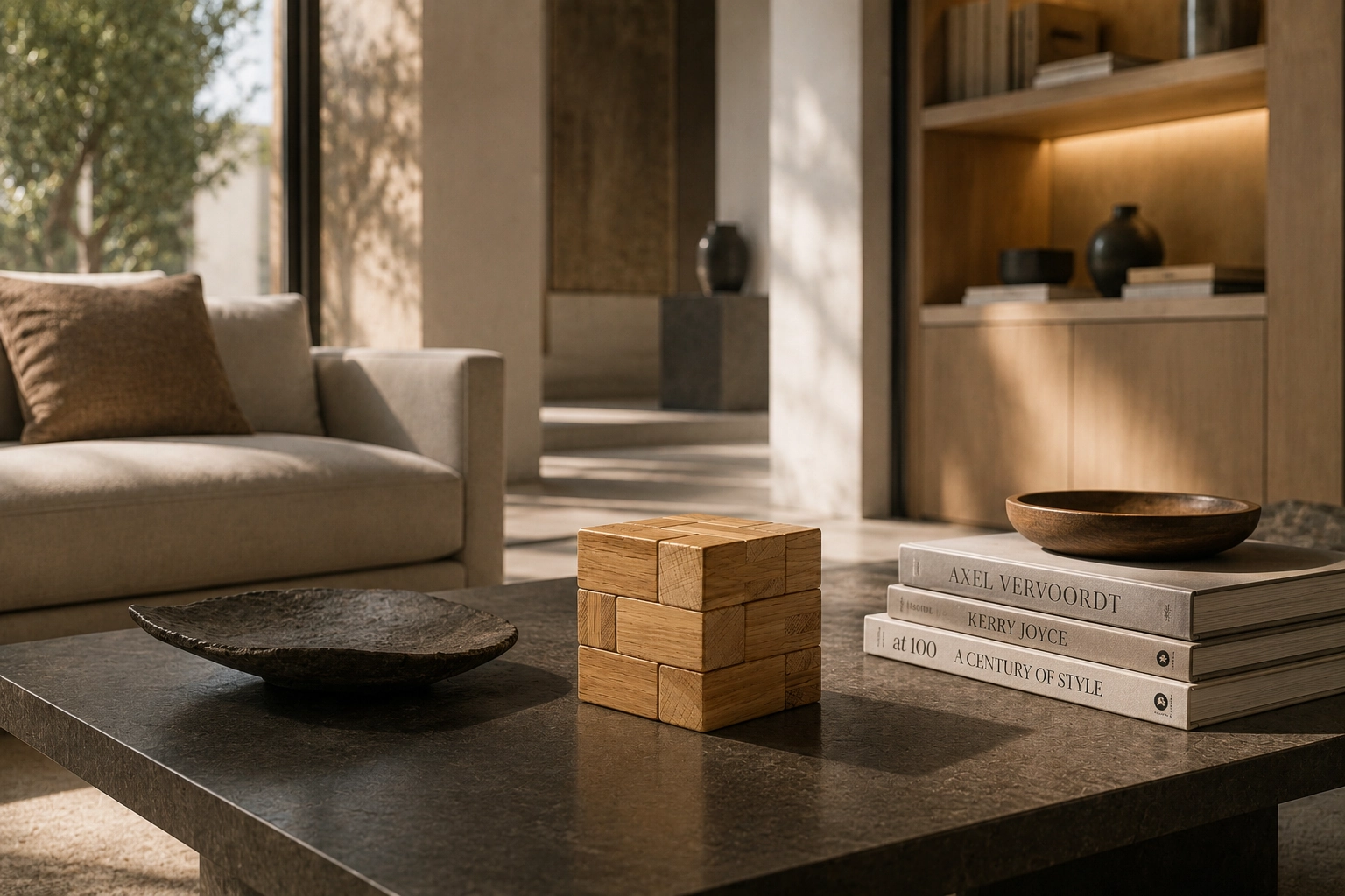 Deodara Breaker Game in oak displayed on a coffee table